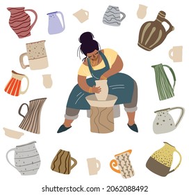 A beautiful girl on a potter's wheel sculpts a pot. Clay pots and jugs on a white background.