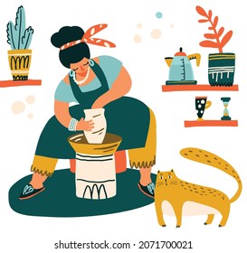 A beautiful girl on a potter's wheel sculpts a pot. Big cat in cartoon style. Color vector illustration.