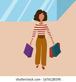 Beautiful girl on a shopping trip with bags in her hands. She was wearing a striped t-shirt and mustard-colored trousers. With a short haircut. Vector illustration.