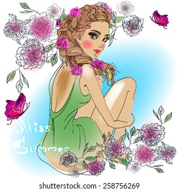 Beautiful girl on the summer background.