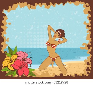 Beautiful girl on a summer beach. Vector illustration in retro style