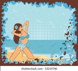 Beautiful girl on a summer beach. Vector illustration in retro style