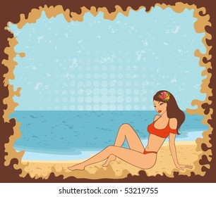 Beautiful girl on a summer beach. Vector illustration in retro style