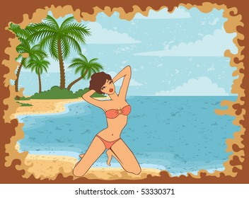 Beautiful girl on a summer beach. Vector illustration in retro style