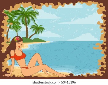 Beautiful girl on a summer beach. Vector illustration in retro style