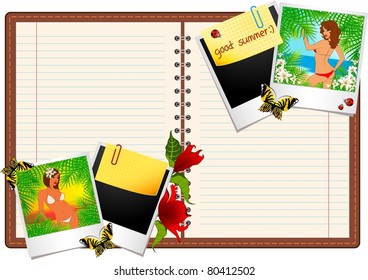 Beautiful girl on a summer beach in photo frames and notepad. Vector