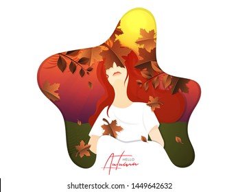 Beautiful girl on sunset forest view background for Hello Autumn banner or poster design.