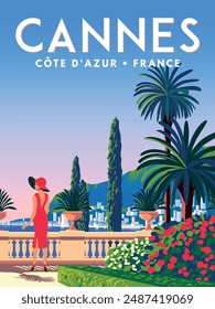 Beautiful girl on a terrace surrounded by palm trees and flower beds at a resort in the French Riviera. Retro style poster. Handmade drawing vector illustration. 