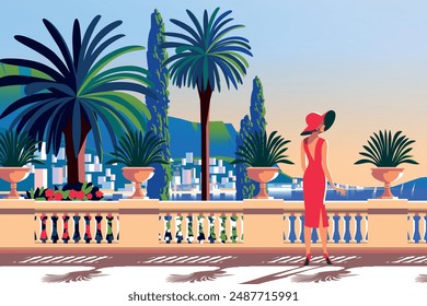 Beautiful girl on a terrace surrounded by palm trees and flower beds at a resort in the French Riviera. Handmade drawing vector illustration. 