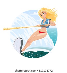 Beautiful girl on water ski. Eps10 vector illustration. Isolated on white background