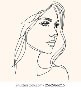 Beautiful girl one line. Vector drawing on a beige background.
