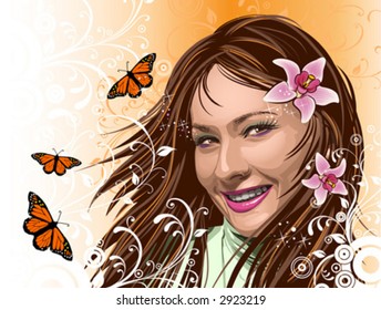 Beautiful girl with orchids and butterflies on orange floral background