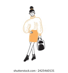 Beautiful girl in oversized sweater turtleneck, orange skirt black hair bun standing. Woman is holding backpack in hand. Street fashion modern casual style. Hand drawn vector doodle flat illustration
