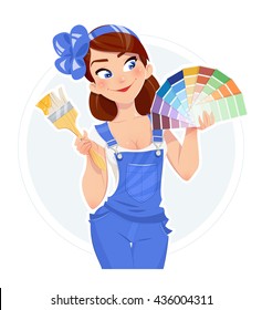 Beautiful girl with paint brush and color swatches vector illustration woman painter lady in overalls builder uniform cartoon character