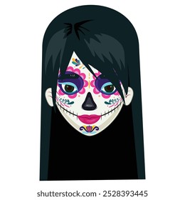 Menina bonita com rosto pintado para Dia de los Muertos, comemorando a tradição do Dia dos Mortos