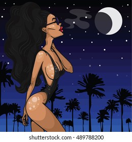 Beautiful girl with palms and moon