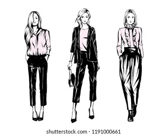Beautiful girl in pants and blouse. Vector illustration for a postcard or a poster, print for clothes. Fashion & Style. Female. Set.