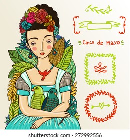 Beautiful girl with parrots.
