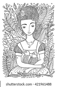 Beautiful Girl with Parrots Coloring Page