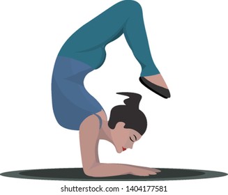Beautiful girl performing yoga in a blue costume over a yoga mat provides psychophysiological benefits and well being, vector, color drawing or illustration.