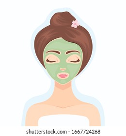 Beautiful girl performs a cosmetic procedure using a  green collagen face mask. Cosmetic product. Collagen cosmetics. Spa mask for the skin care. Beauty treatment. Vector flat illustration