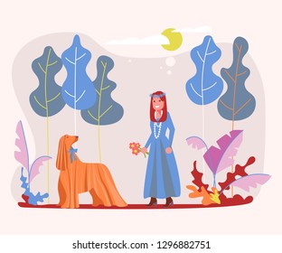 Beautiful girl pet owner plays with her dog on a walk in forest. Flat Art Vector illustration