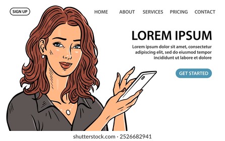 Beautiful girl with a phone. Portrait of a young woman. Communication, calling, searching for information. Specialist consultant. Help service Vector illustration on white. Web banner and website