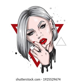 Beautiful girl with piercings. Fashion and Style. Vector illustration, print.