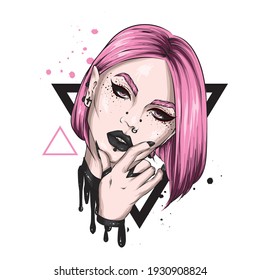 Beautiful girl with piercings. Fashion and Style. Vector illustration, print.