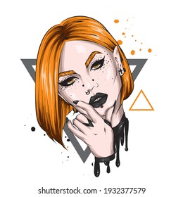 Beautiful girl with piercings. Fashion and Style. Vector illustration, print.