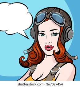 Beautiful girl in pilot helmet and empty speech bubble. Comic Pin up style.