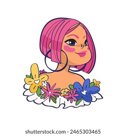 A beautiful girl with pink bob haircut with some flowers on dress isolated on white background. Summer woman cartoon illustration