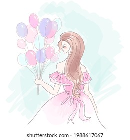 Beautiful girl in pink dress with balloons watercolor illustration.