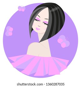 Beautiful girl in a pink dress with butterflies. Vector illustration