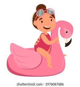A beautiful girl with pink glasses and hair in a bun sits on an inflatable flamingo. Flamingo, summer, vacation, tropical paradise. Vector drawing of an inflatable flamingo