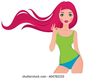 Beautiful girl with pink hair showing okay gesture vector illustration