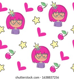 Beautiful girl with pink hair stars, cherry and heart on a white background seamless pattern for children