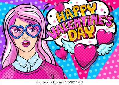 Beautiful girl with pink hair wearing glasses in the shape of hearts. Happy Valentine's day lettering in pop art style. Concept of love. Valentine's day greeting card on pink and blue background