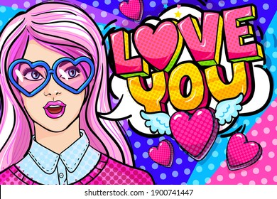 Beautiful girl with pink hair wearing glasses in the shape of hearts. Love You lettering in pop art style. Concept of love. Valentine's day greeting card on pink and blue background