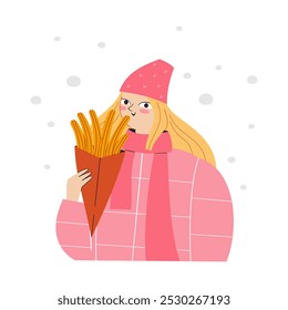 Hermosa chica en una chaqueta rosa come churros en invierno. Ilustración vectorial en estilo plano.