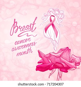 Beautiful girl with pink ribbon on a floral background. October - Breast Cancer Awareness Month. Health care and medicine concept.