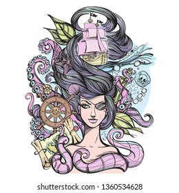 Beautiful girl pirate with an eye patch. Fantastic woman with hair in the form of sea waves surrounded by an octopus tentacles. Vector illustration for tattoos, print on T-shirts and much more.