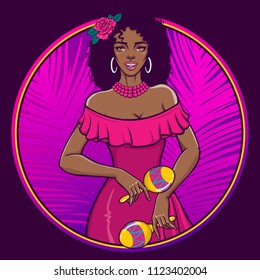 Beautiful girl playing maracas. Happy smiling black woman in pink summer dress. Circle label, poster, tee shirt print. Vector illustration in retro pin-up, pop art, comic style.