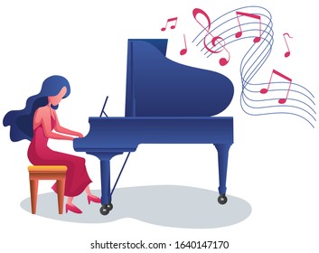 Beautiful girl playing the piano on white background.