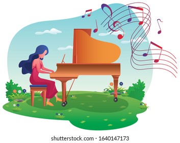 Beautiful girl playing the piano on a green meadow.