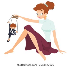 Beautiful girl playing puppet doll. Funny people. Illustration concept template for website, web landing page, banner, presentation, social, poster, promotion or print media.
