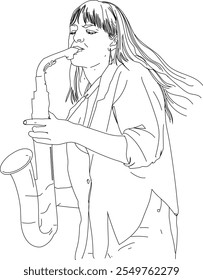 A beautiful girl playing saxophone. Line drawing 