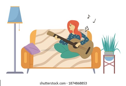 A beautiful girl plays an acoustic guitar and sings songs. Woman creates pleasant music. Vector illustration of a young female character who is sitting on the couch at home doing her favorite hobby