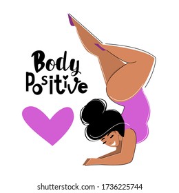 Beautiful girl plus size and body positive inscription on a white background isolated. Motivation. Vector flat style illustration