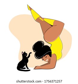 Beautiful girl plus size do yoga and cat on a white background isolated. Motivation. Vector flat style illustration